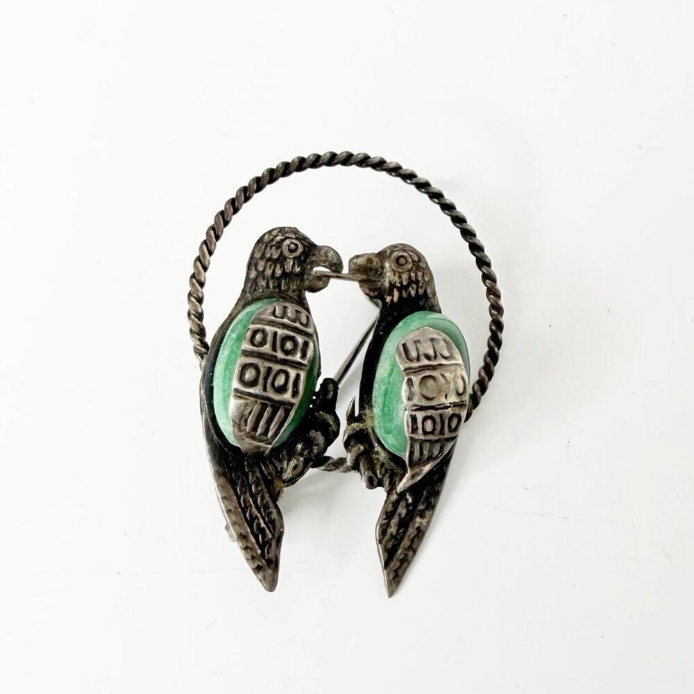 Vintage Mexico Sterling Silver 925 Two Parrot Green Stone Brooch Pin